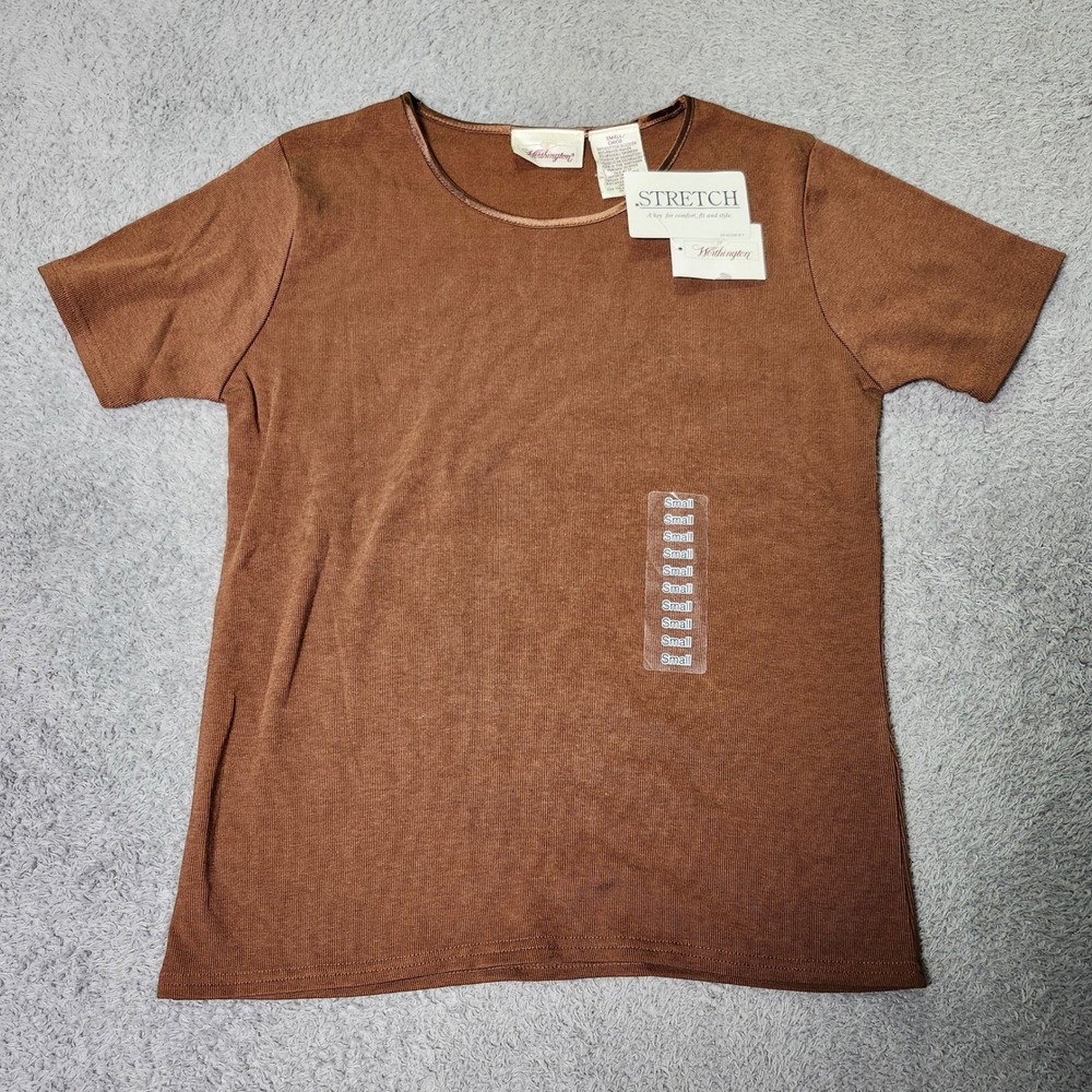 Worthington Womens Small T-Shirt Brown Ribbed Stretch Satin Trim Short Sleeve